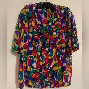 Vintage 80s Jordan II Multicolor Abstract Button-Up Polyester Blouse